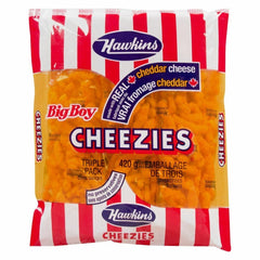 Hawkins Cheezies with real cheddar in a big boy triple-pack, perfect for on-the-go snacking