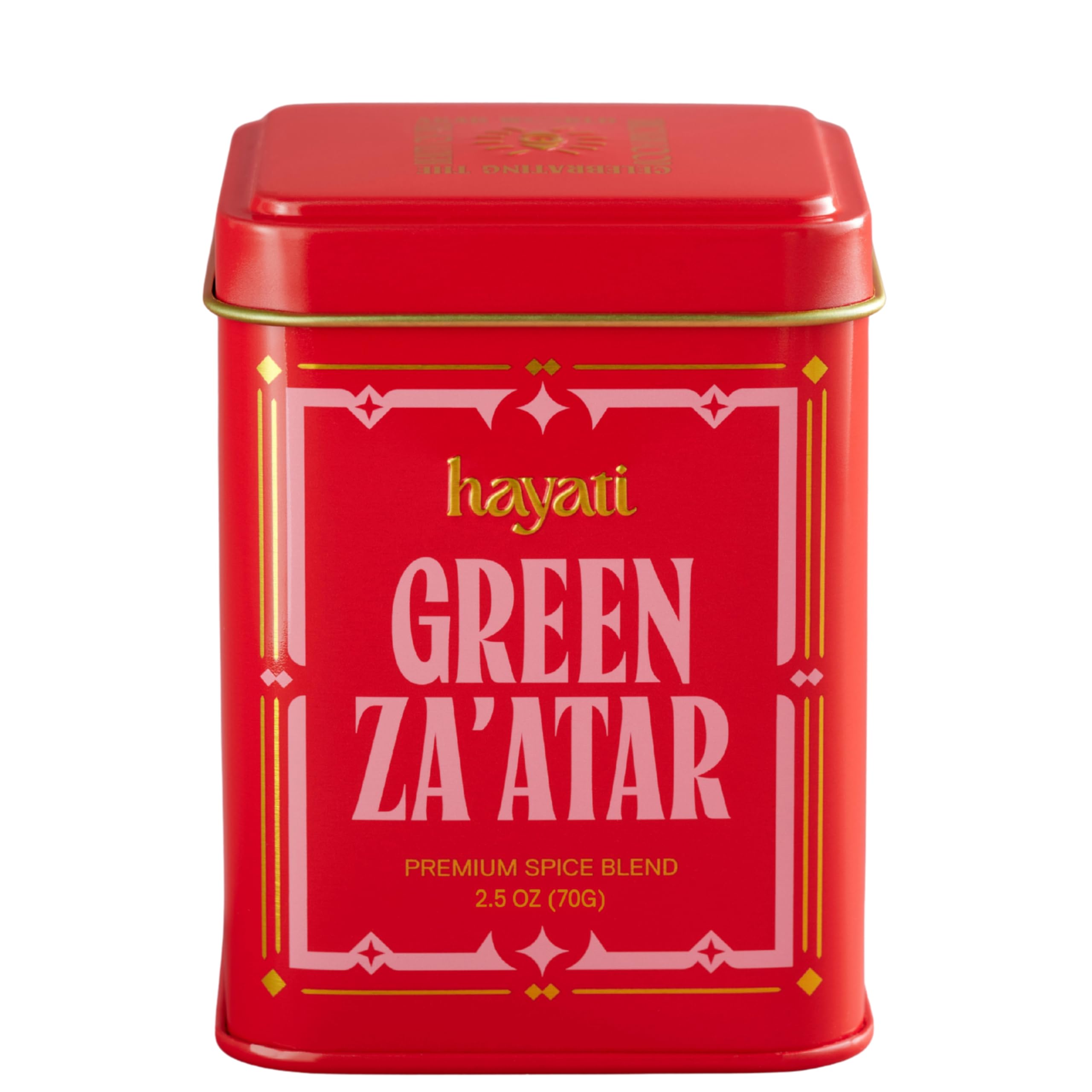 Hayati Za’atar tin front view highlighting premium spice blend for everyday meals.