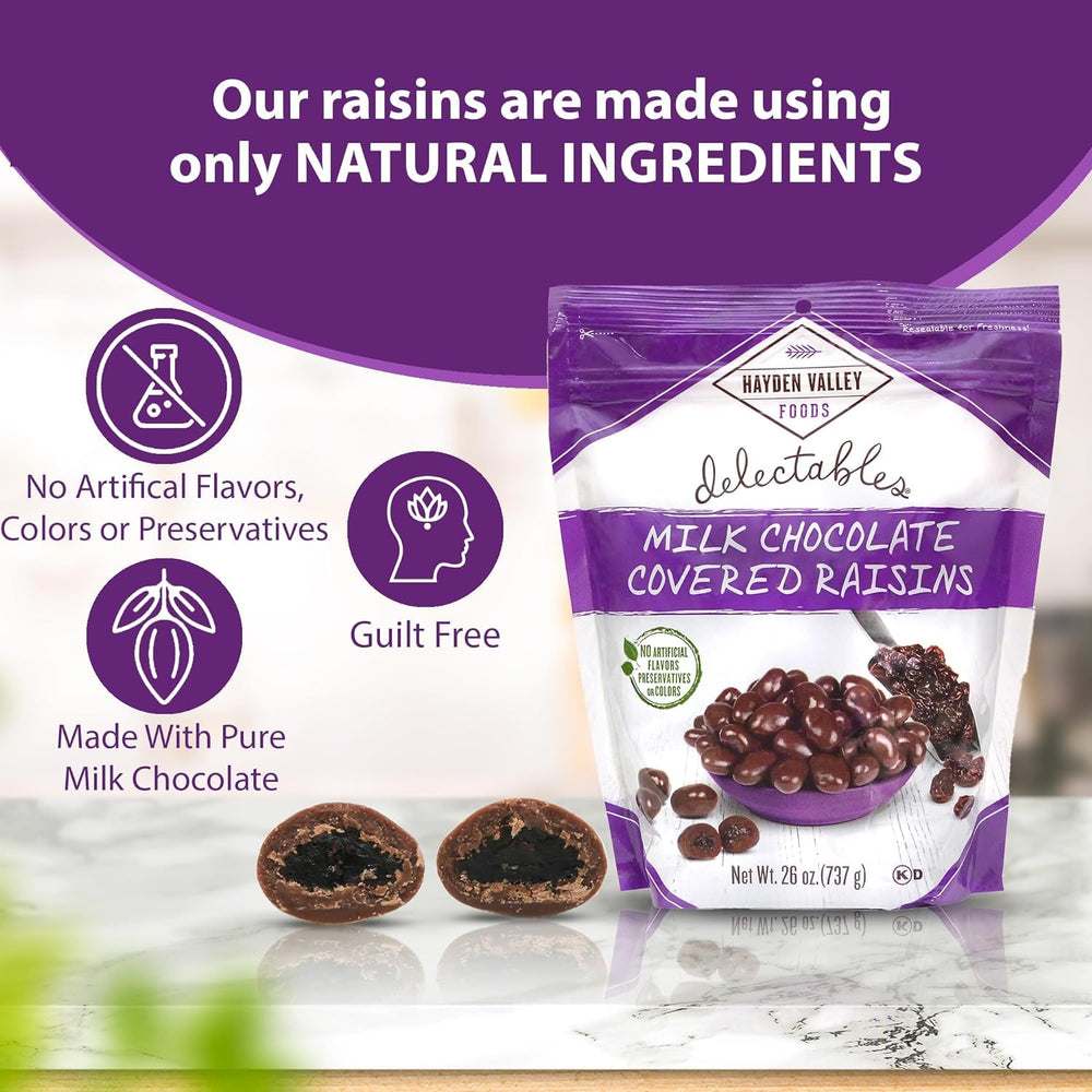 Hayden Valley Foods closeup of chocolate-coated raisins reveals creamy chocolate and juicy raisins.