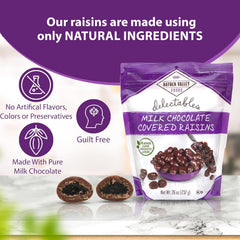 Hayden Valley Foods closeup of chocolate-coated raisins reveals creamy chocolate and juicy raisins.