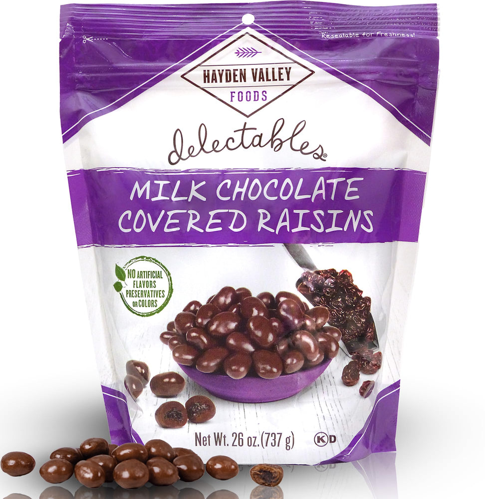 Hayden Valley Foods milk chocolate covered raisins in a bag, perfect for sharing at gatherings.