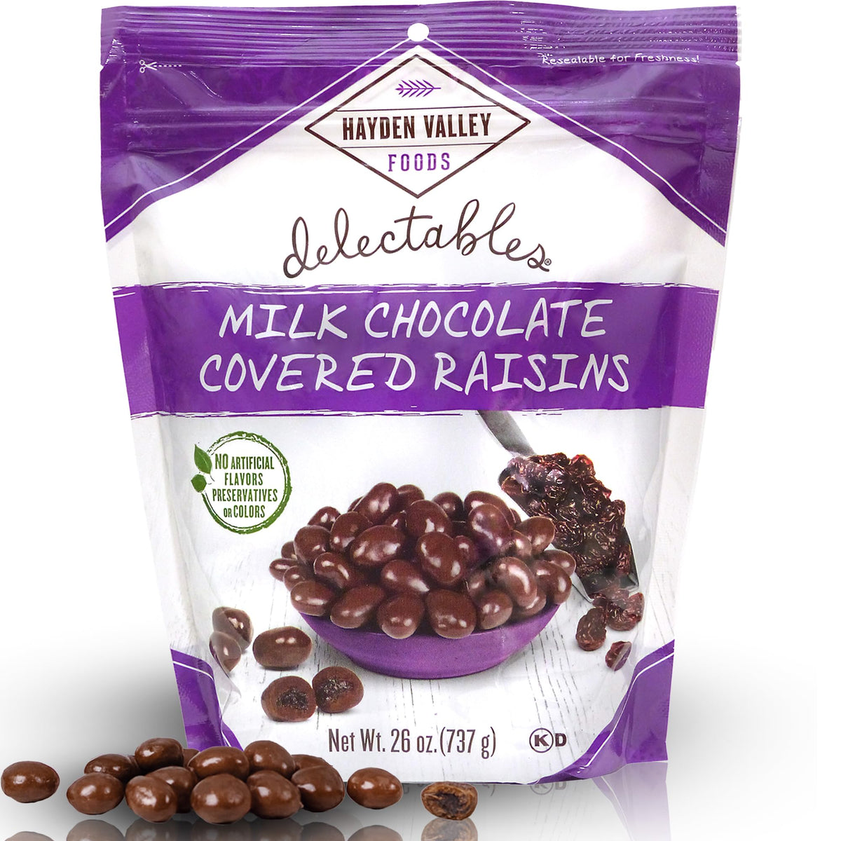 Hayden Valley Foods milk chocolate covered raisins in a bag, perfect for sharing at gatherings.