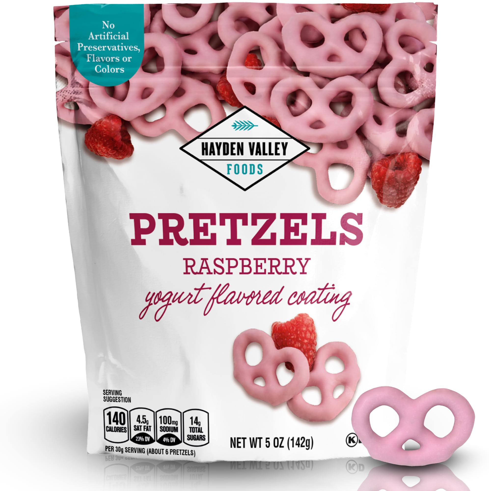 Hayden Valley Raspberry Yogurt Pretzels in a resealable bag, a flavorful on-the-go snack.