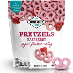 Hayden Valley Raspberry Yogurt Pretzels in a resealable bag, a flavorful on-the-go snack.