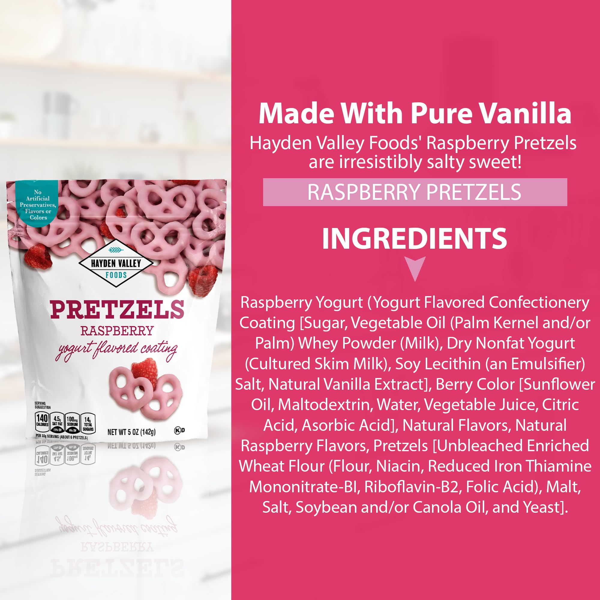 Hayden Valley Raspberry Yogurt Pretzels pink Valentine pack for gifting and shared moments.