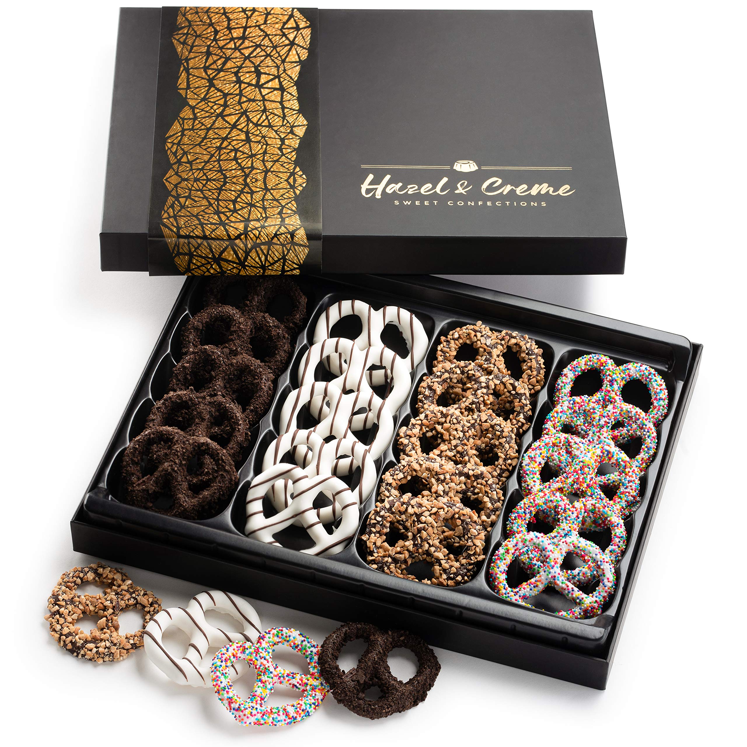 Hazel & Creme assorted pretzels showing four flavors, sweet and crunchy.