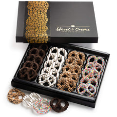 Hazel & Creme assorted pretzels showing four flavors, sweet and crunchy.