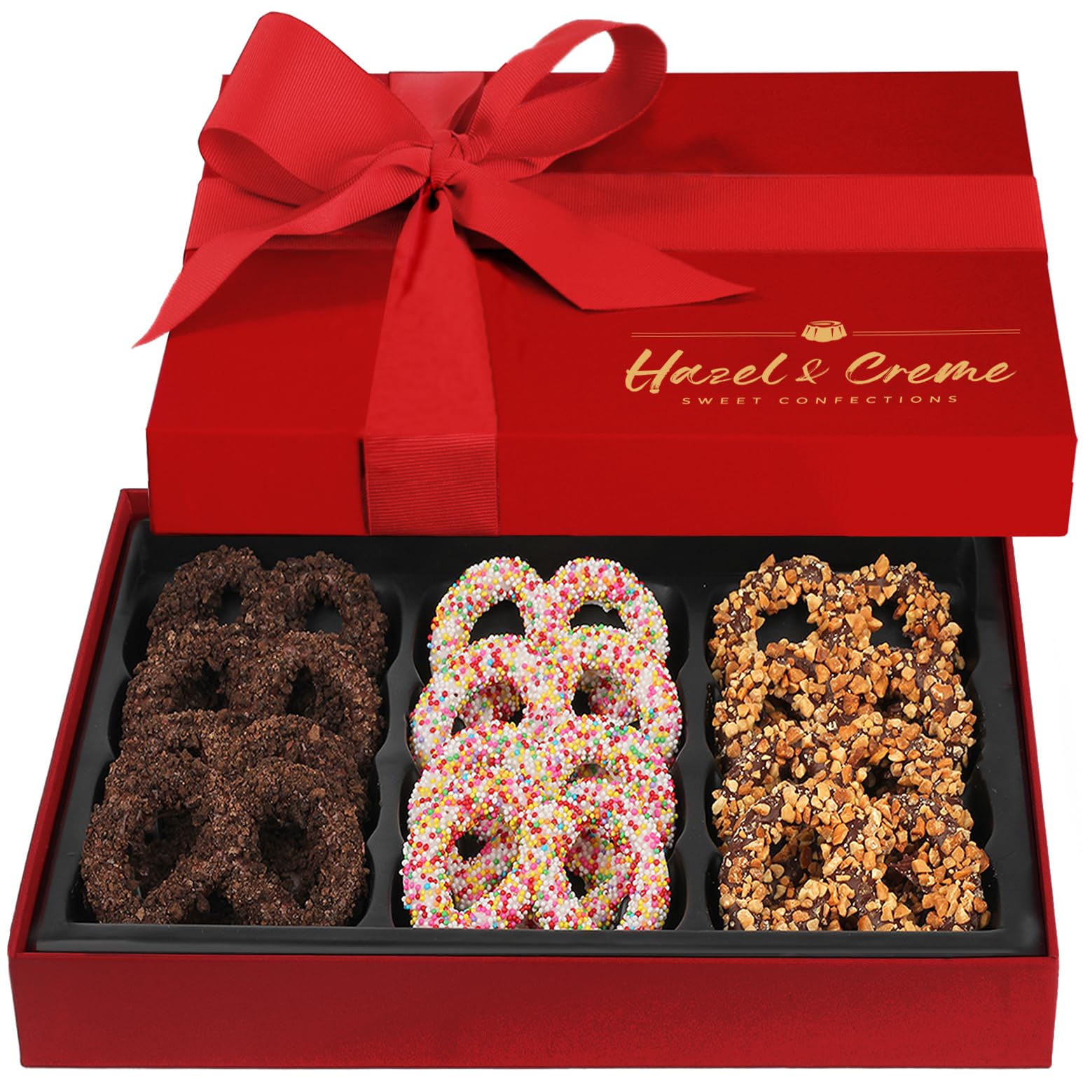 Hazel & Creme dark chocolate pretzels gift box close-up, premium gifting