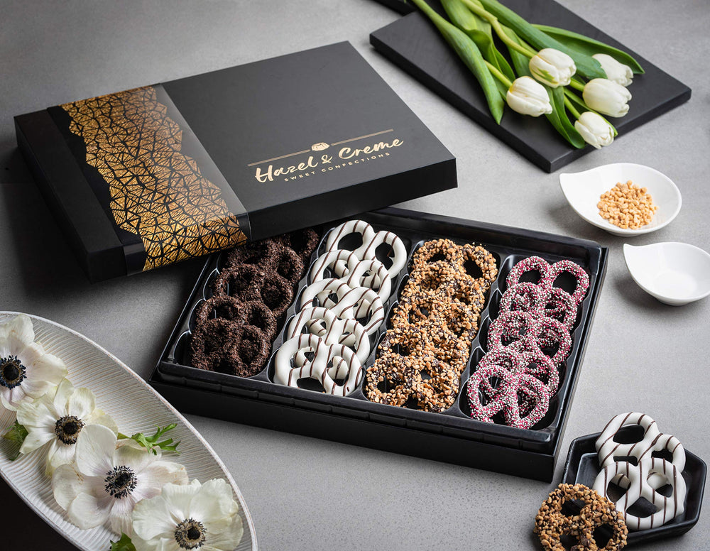 Hazel & Creme handcrafted pretzels with premium toppings for distinctive flavor.