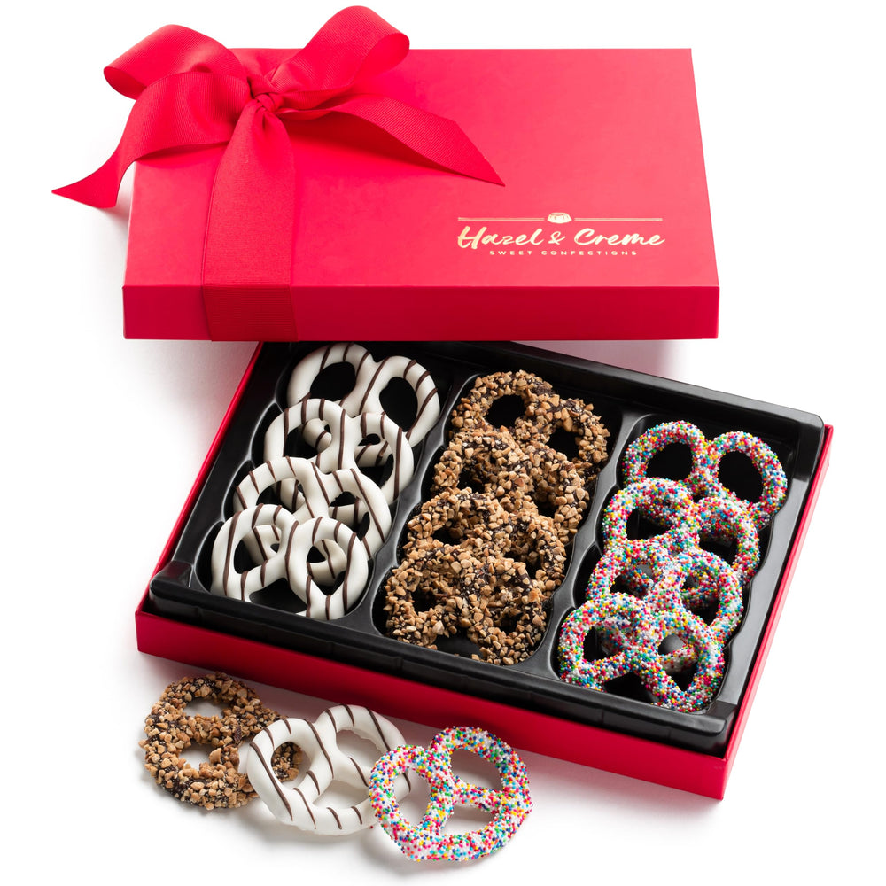 Hazel & Creme rich chocolate-dipped pretzels close-up, ideal for celebrations