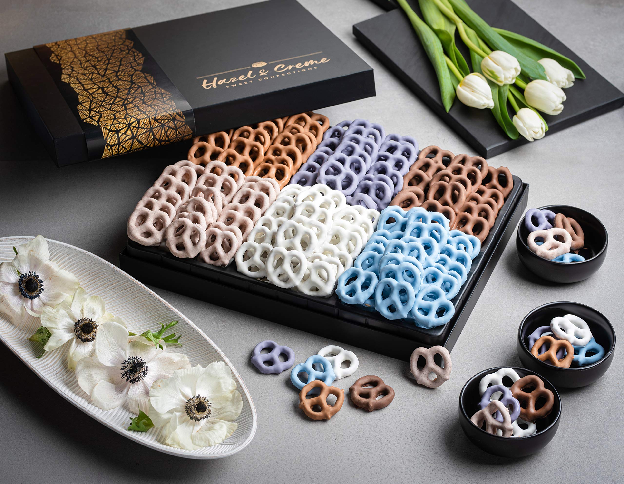 Hazel & Creme six-flavor gourmet pretzels show a colorful assortment.