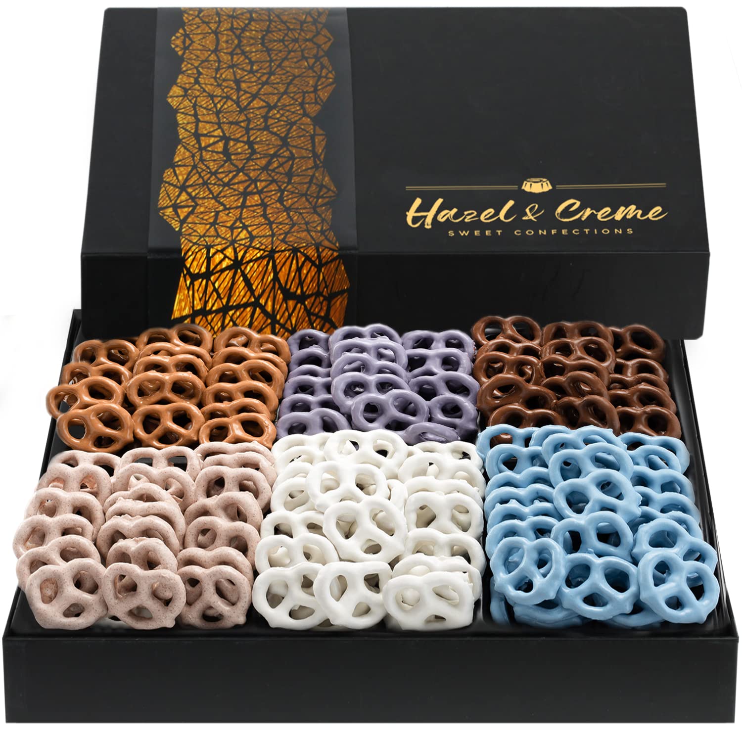 Hazel & Creme yogurt pretzel gift box on display, ideal for gifting.