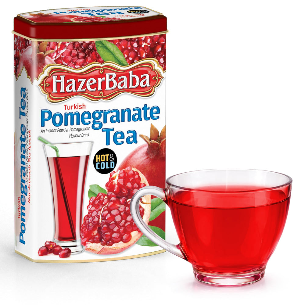 HazerBaba pomegranate drink mix in tin front view highlighting caffeine-free option