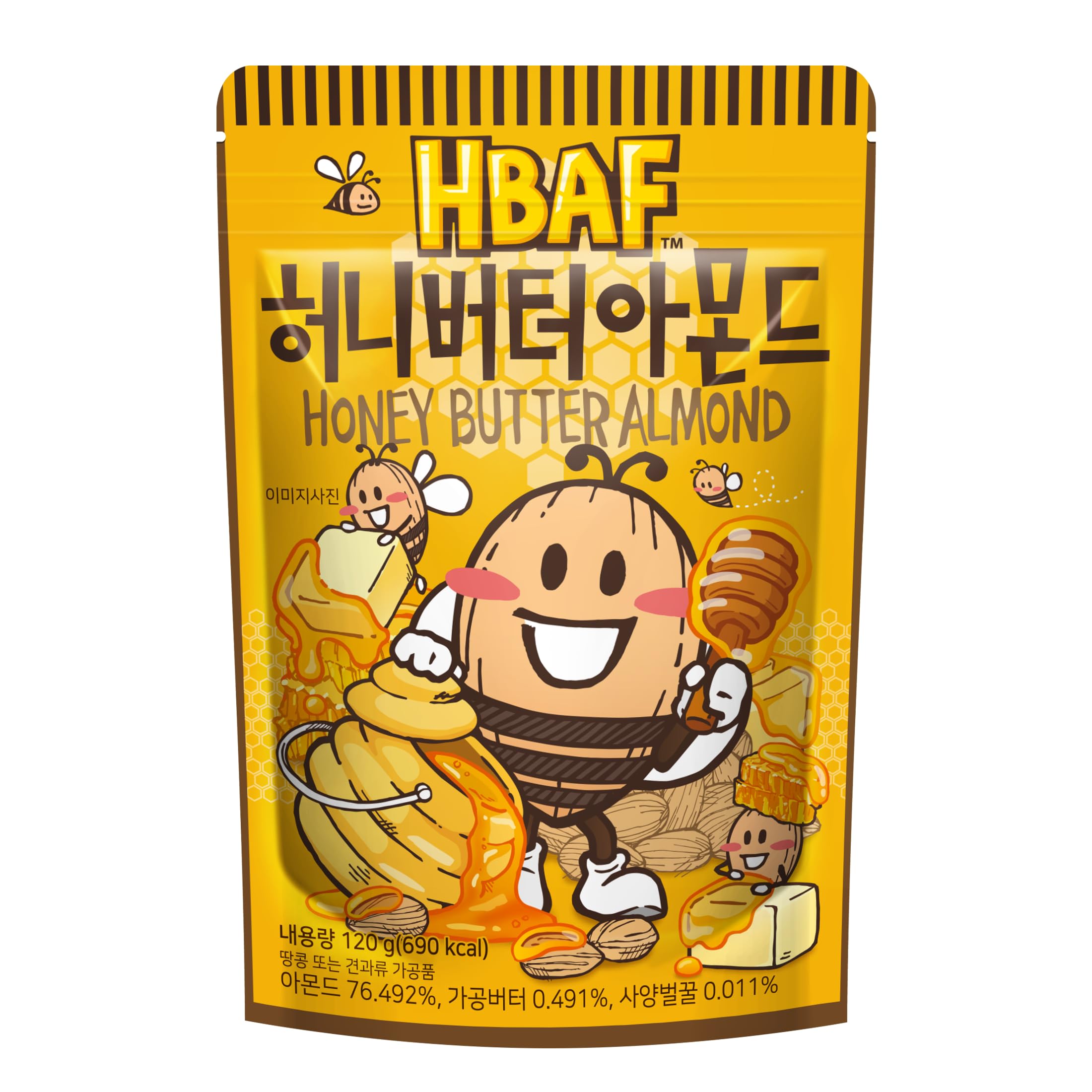 HBAF Korean honey butter almonds front view, ready to enjoy on the go.