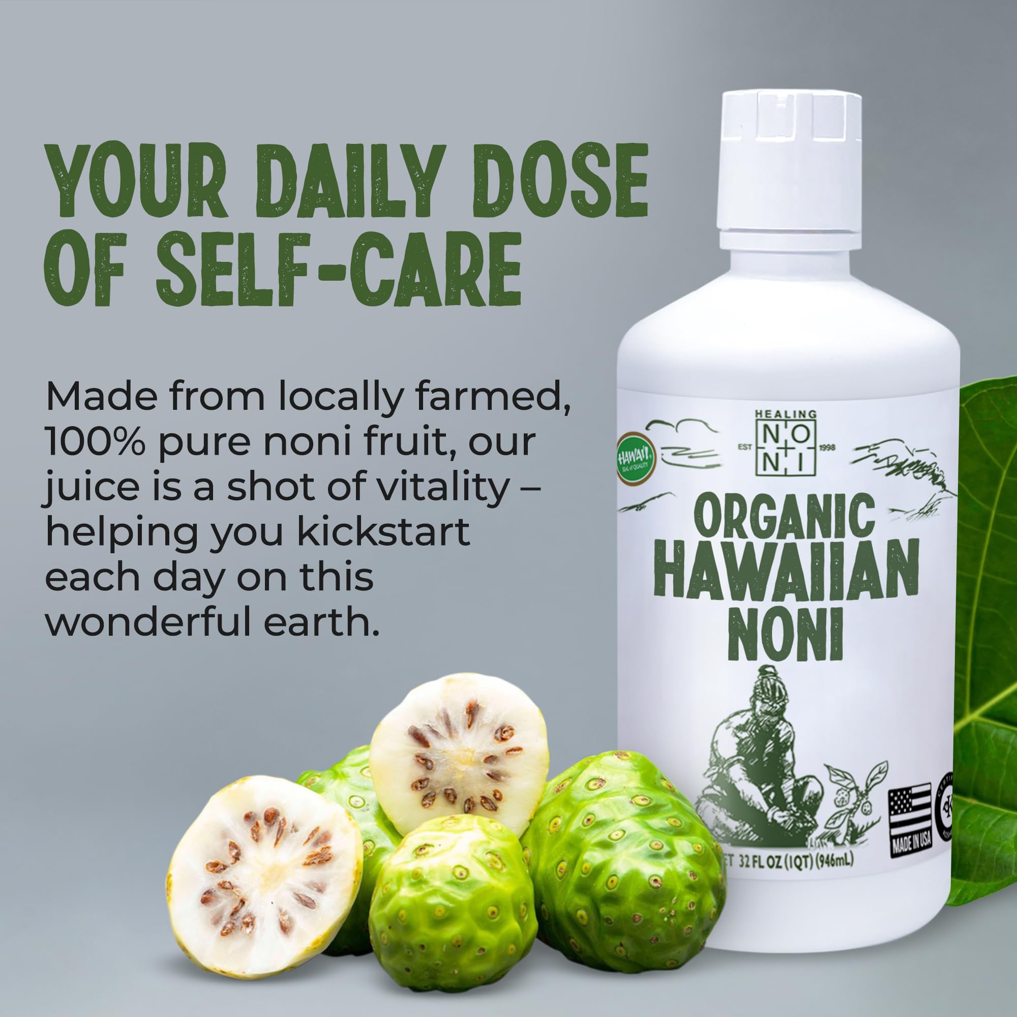 Healing Noni 32oz bottle pour demonstrating easy daily use.