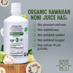 Healing Noni bottle label closeup highlighting USDA Organic quality.