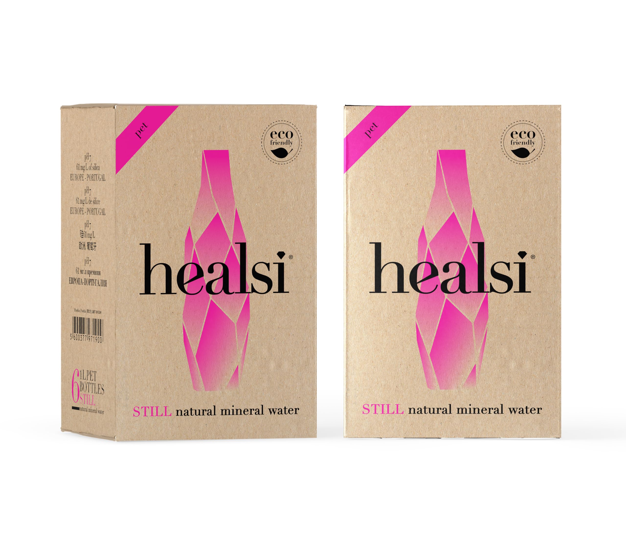 Healsi Artesian water bottle label detail shows neutral pH and silica content