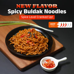 Close-up of Healspot dry-tossed noodles with glossy, flavorful coating from chef-made sauce.