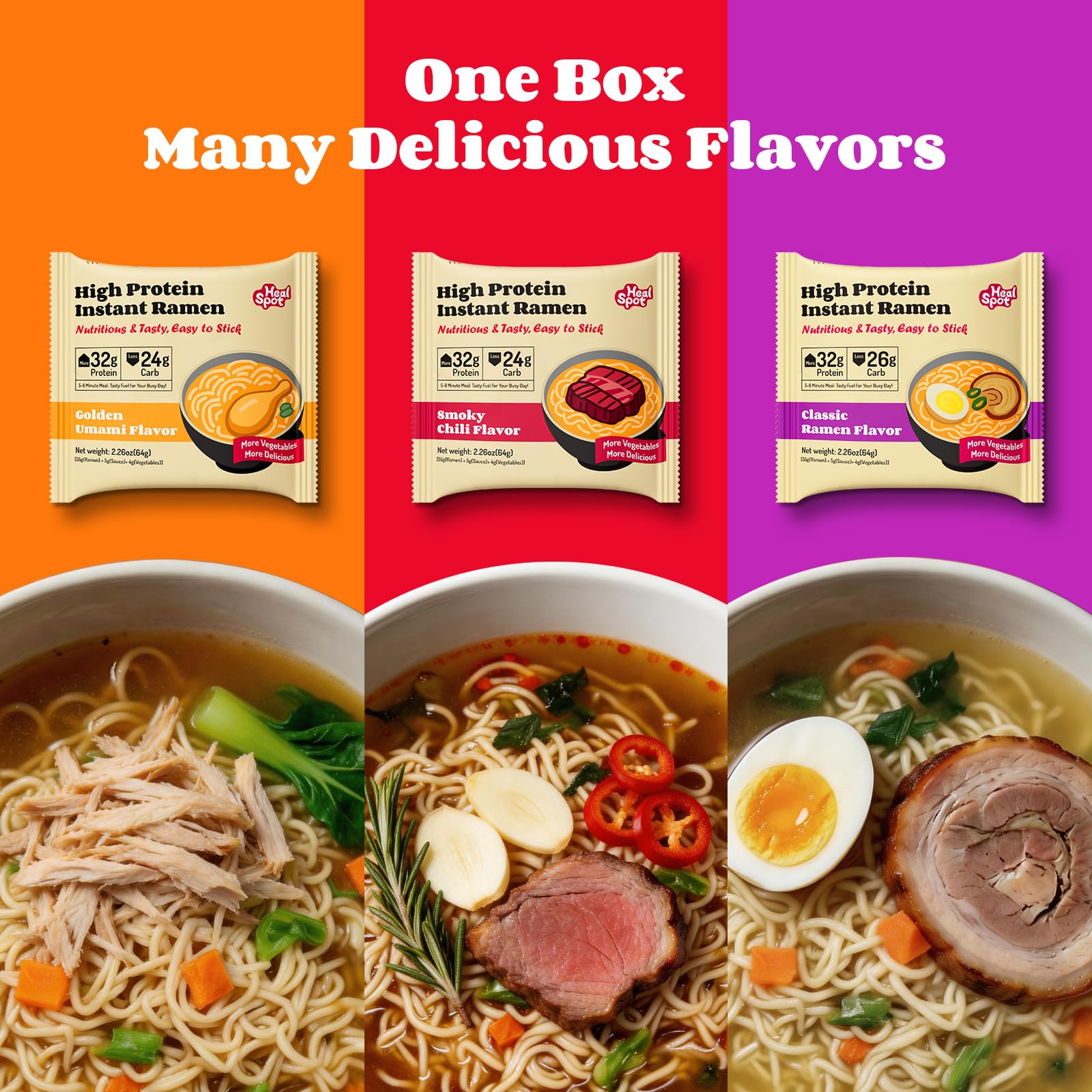 Healspot High Protein Instant Ramen Plant-Based Ingredients Non-GMO shown.