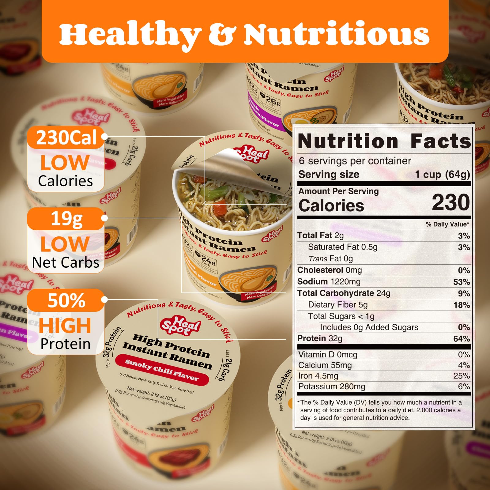 Healspot high-protein ramen six cups pack emphasizes protein-rich convenience for workouts