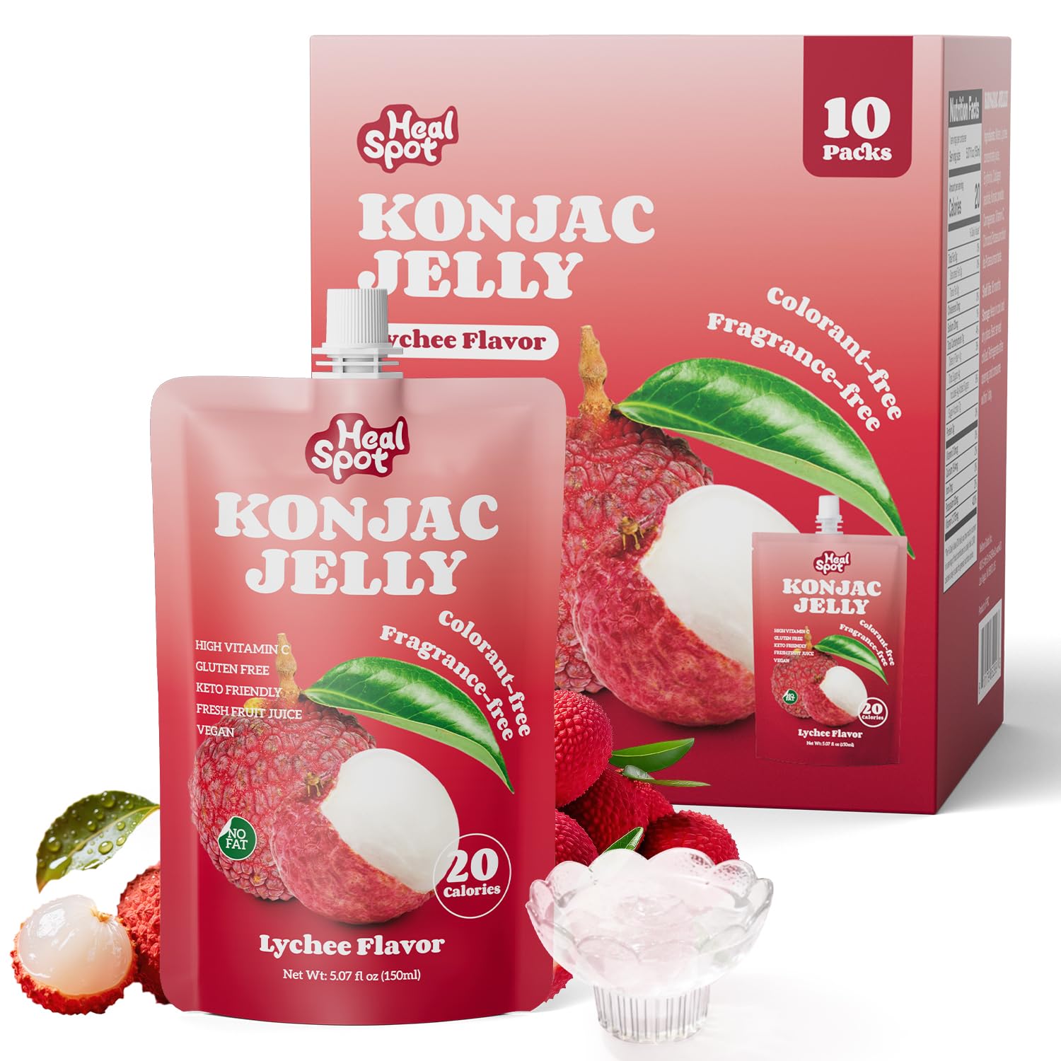 HealSpot Lychee pack front shows authentic flavor for a refreshing on-the-go snack.