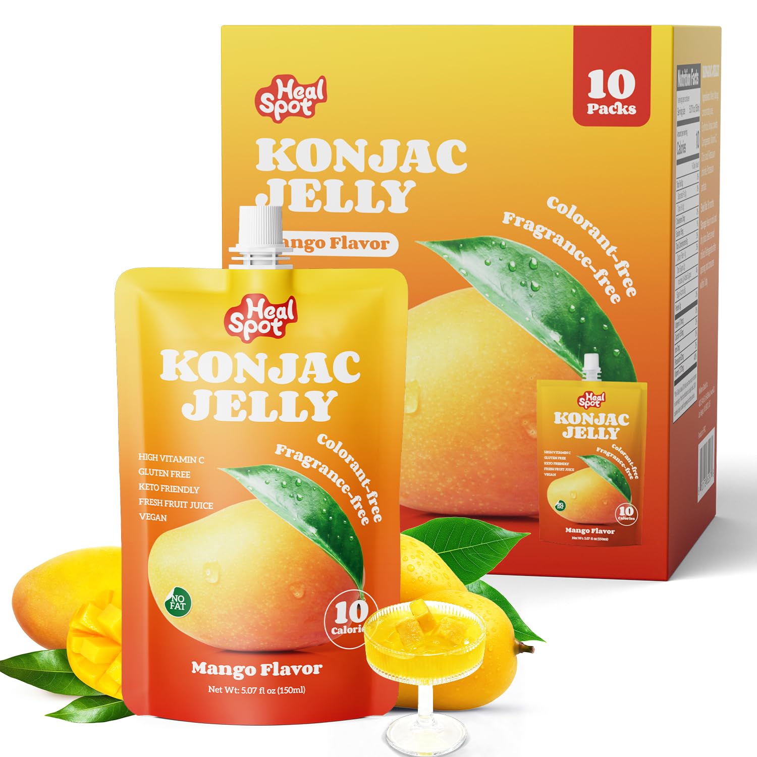 HealSpot Konjac Jelly Mango Drink Pouch showing natural fruit juice flavor.