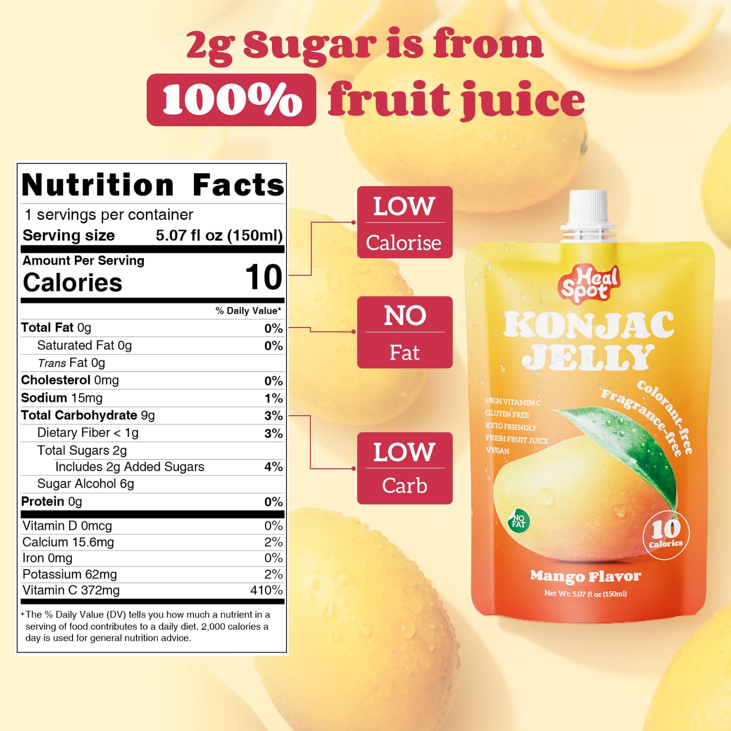 HealSpot Konjac Jelly Peach Drink Pouch with chewy texture and real fruit juice.