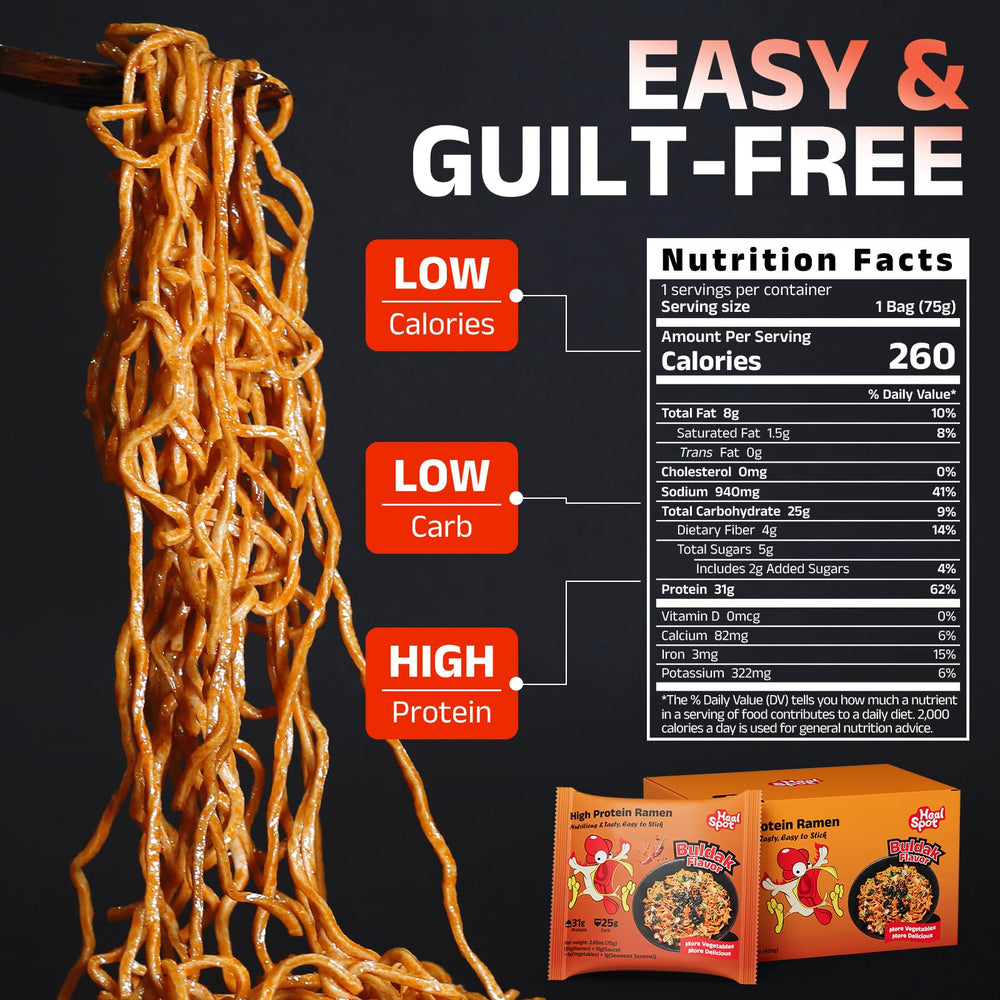 Healspot spicy buldak noodles shown in a dry-tossed serving with signature sauce.