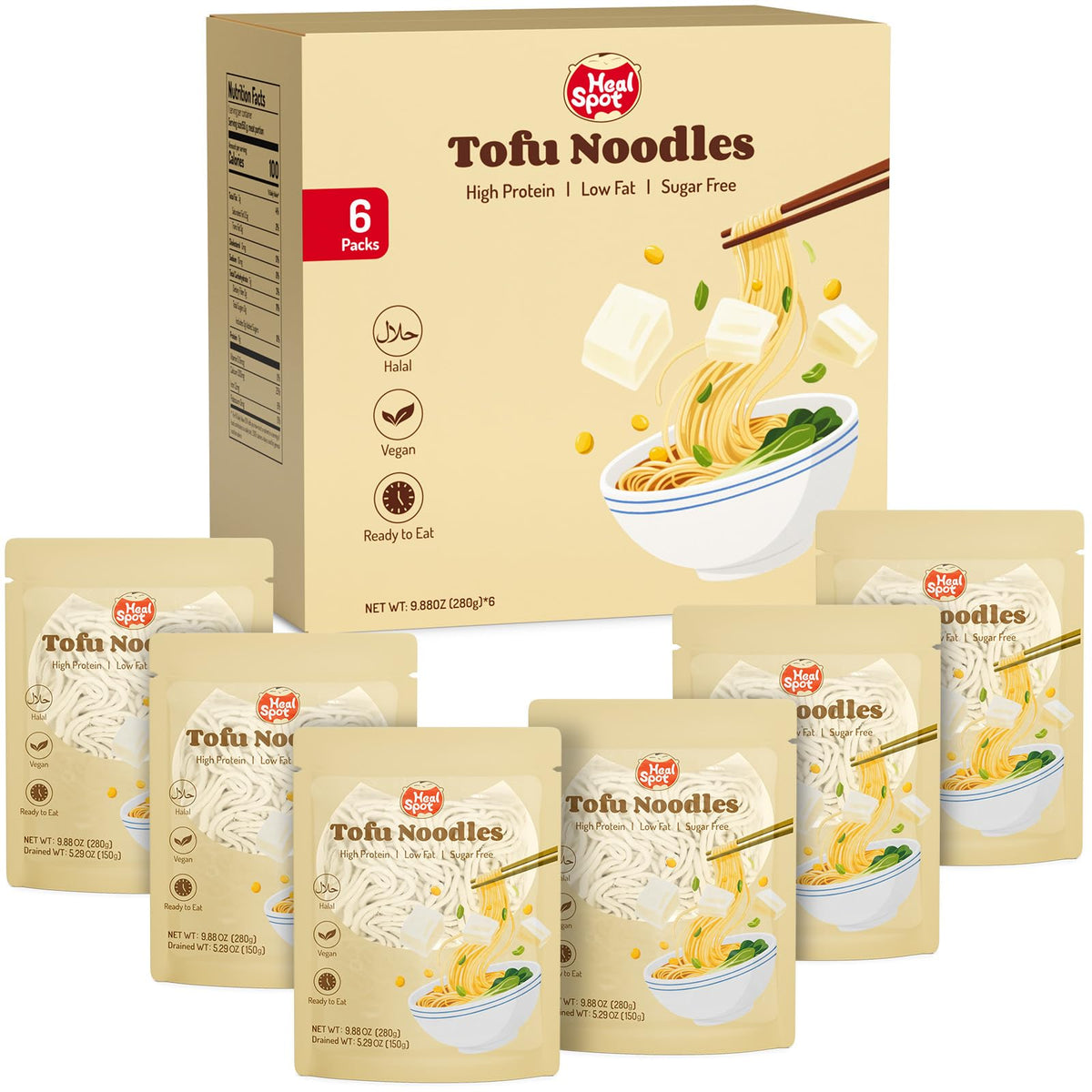 HealSpot Tofu Noodles pack visual showing quick, protein-packed meals on the go.