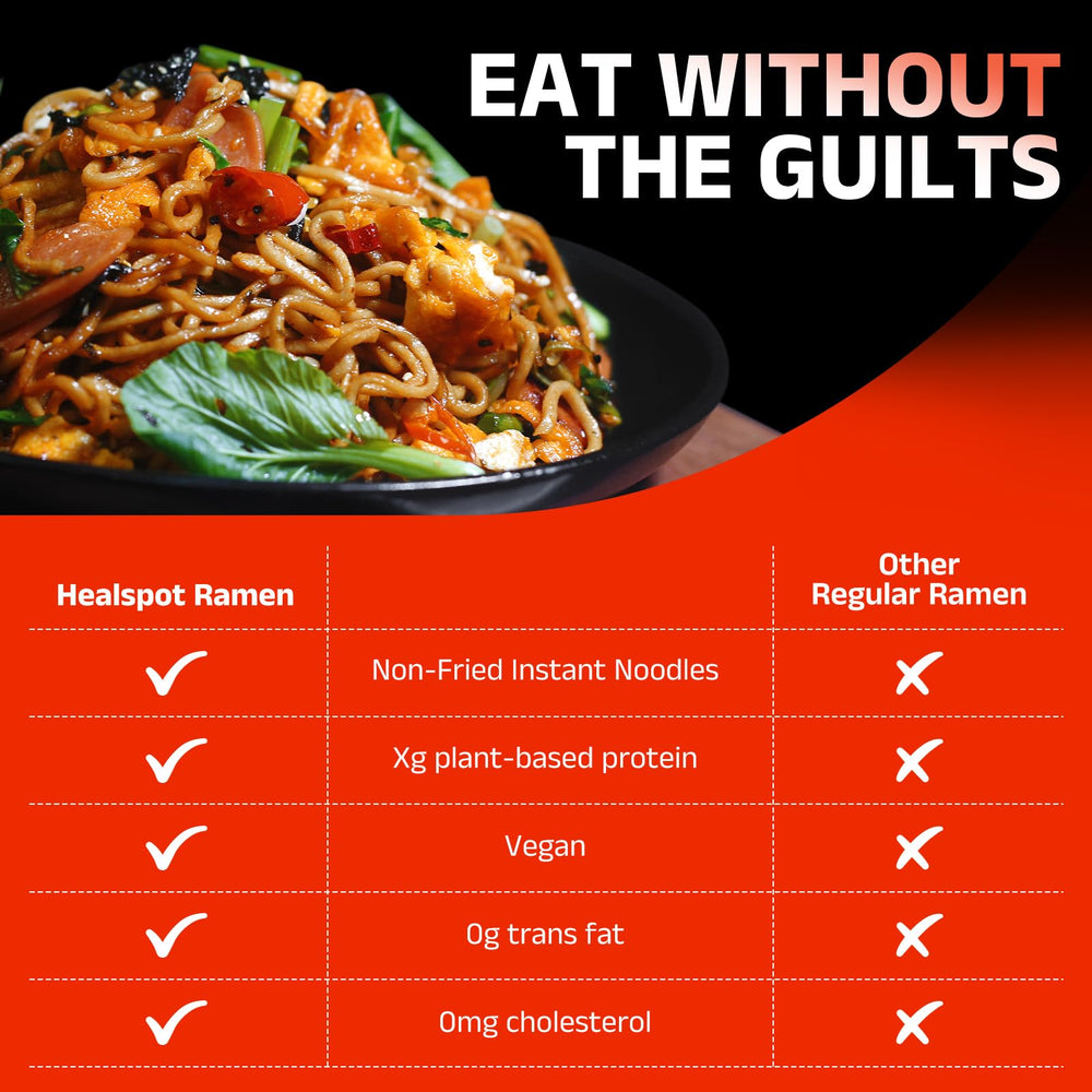 Healspot vegan, non-GMO ramen packaging indicating clean ingredients for mindful dining.