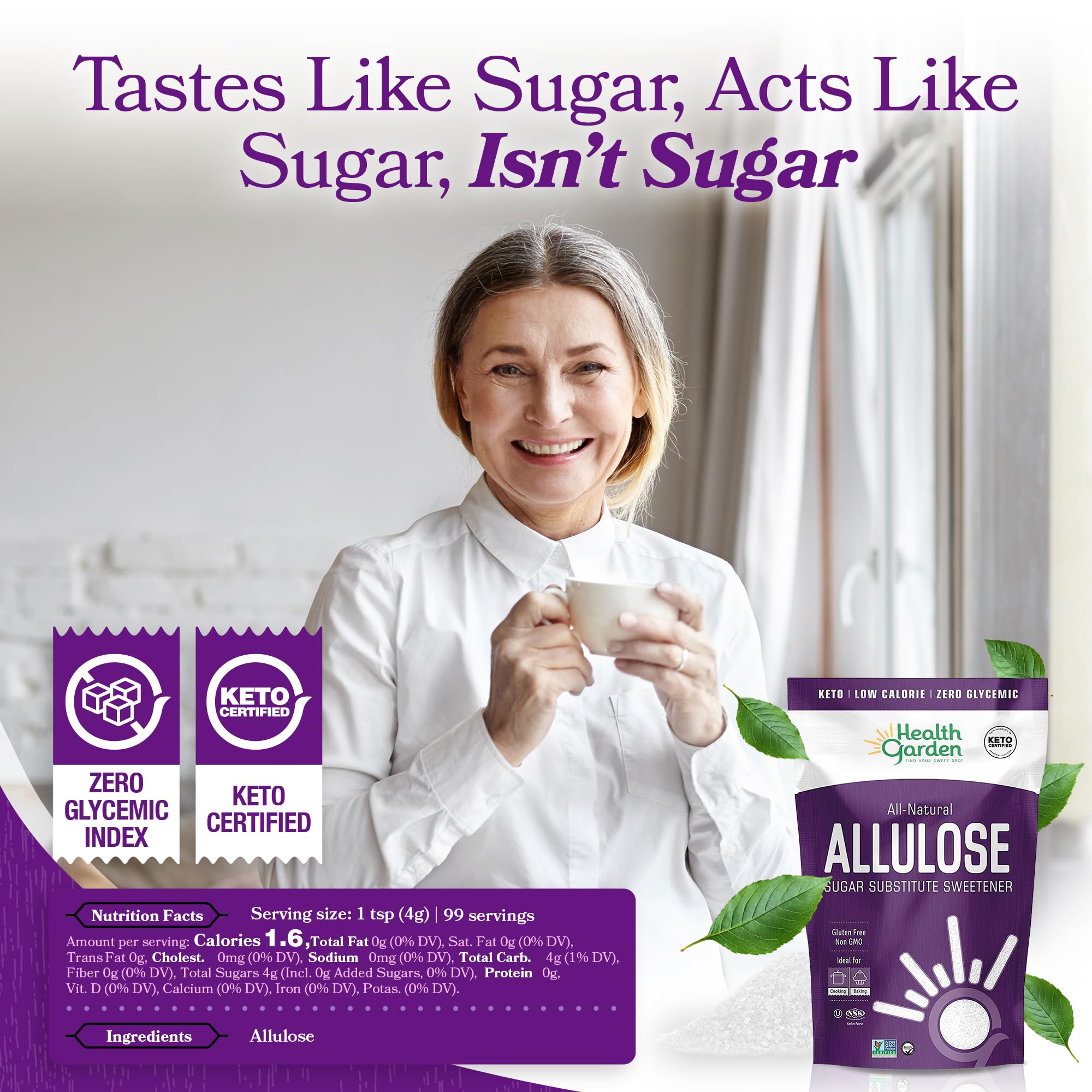 Health Garden Allulose Sweetener being poured into a cup for beverages