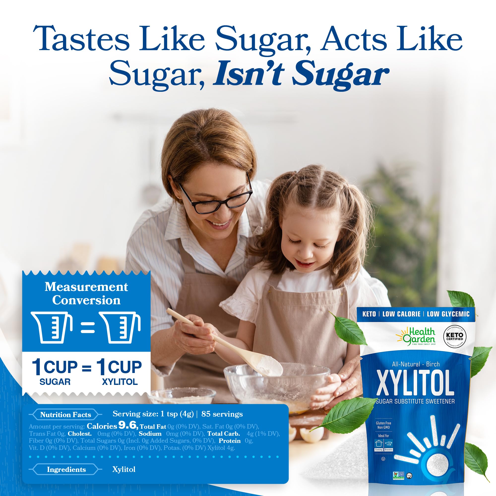 Health Garden Birch Xylitol bag back shows birch-derived ingredients