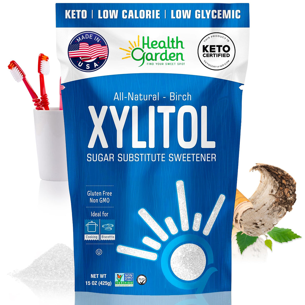 Health Garden Birch Xylitol bag front for baking and everyday sweetness