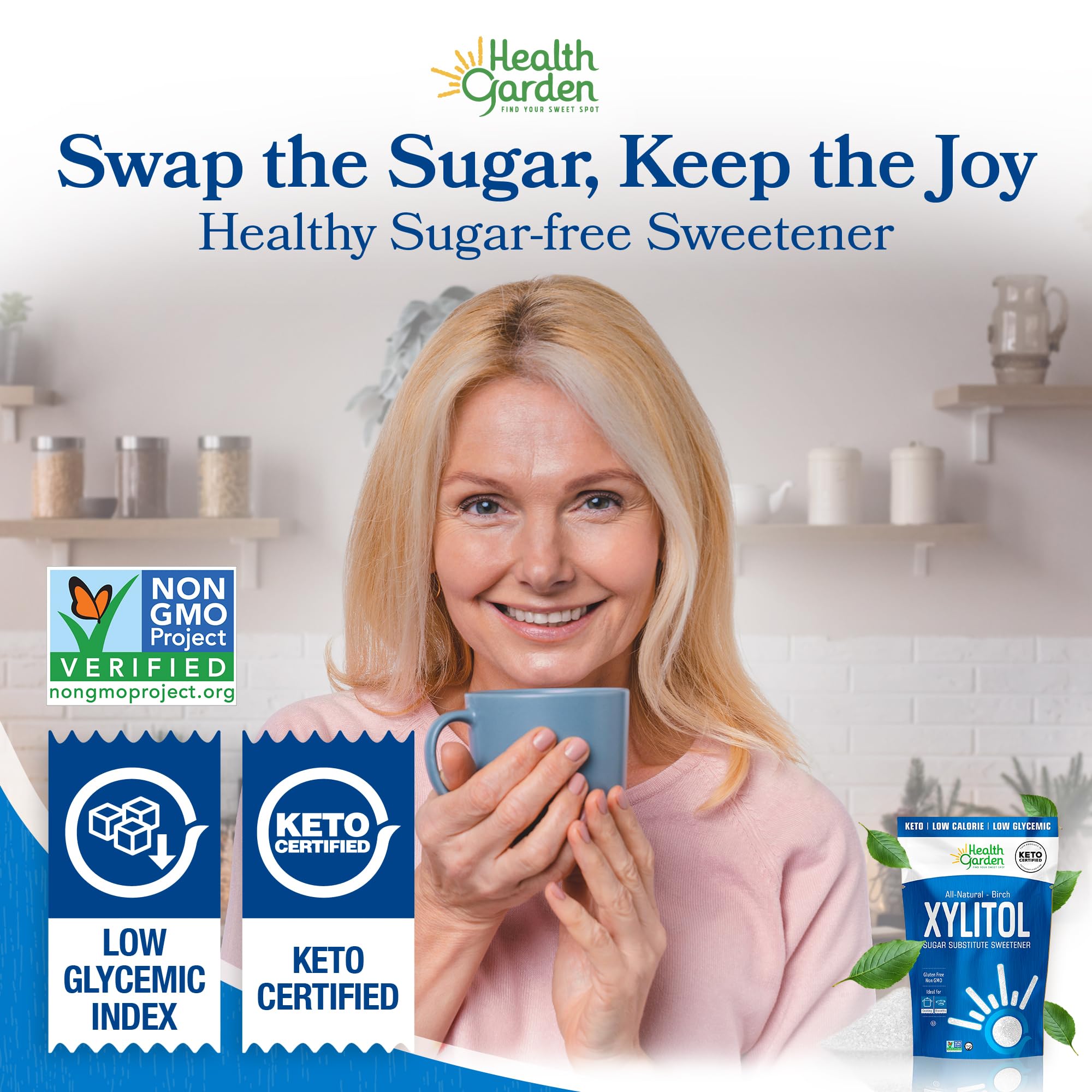 Measuring cup next to Health Garden xylitol for 1 to 1 sugar replacement