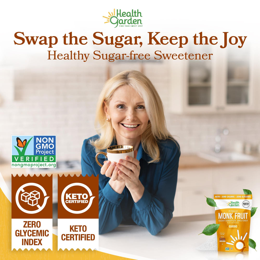 Health Garden measurement cup image demonstrates 1:1 substitution precision for recipes