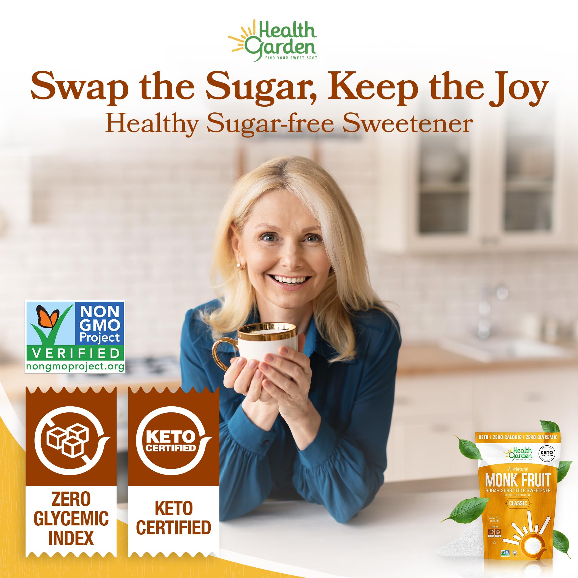 Health Garden Monk Fruit Sweetener 15 oz resealable pouch on countertop.