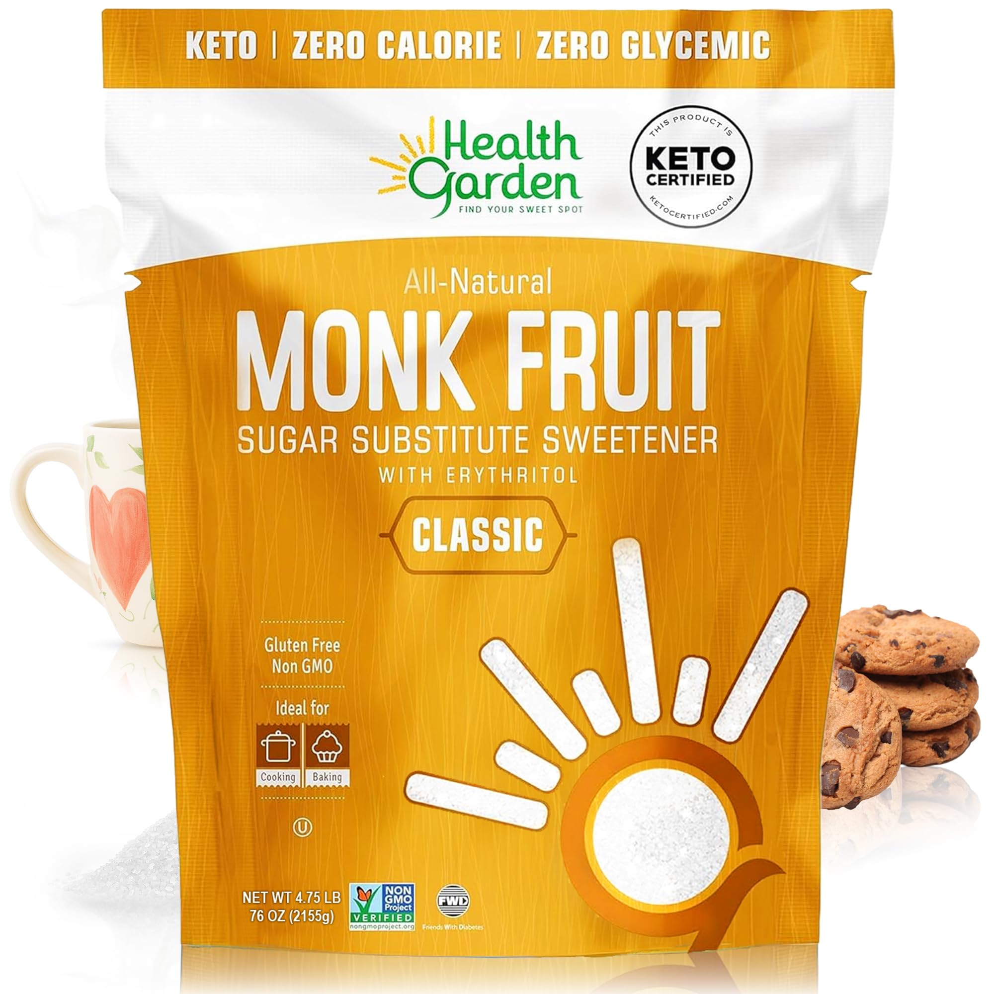 Health Garden Monk Fruit Sweetener 76 oz bag for keto-friendly baking.