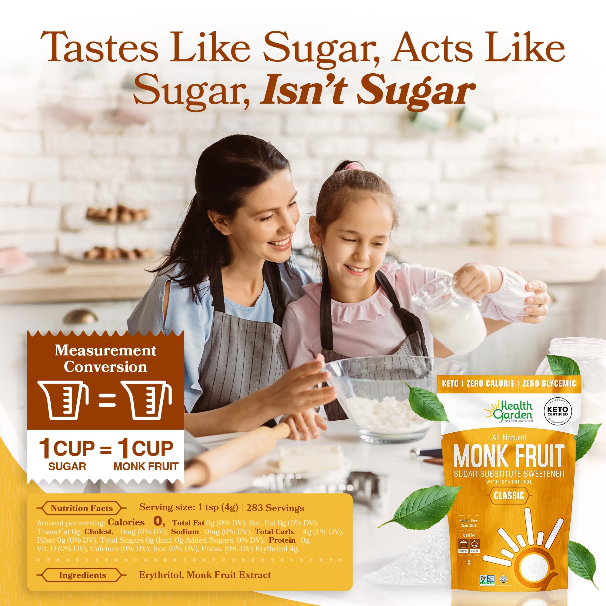 Health Garden Monk Fruit Sweetener bag highlights 40oz value for baking and cooking
