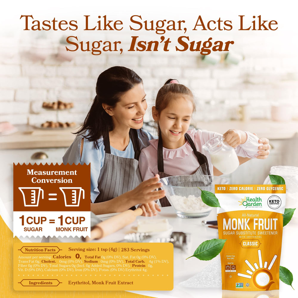 Health Garden Monk Fruit Sweetener bag highlights 40oz value for baking and cooking