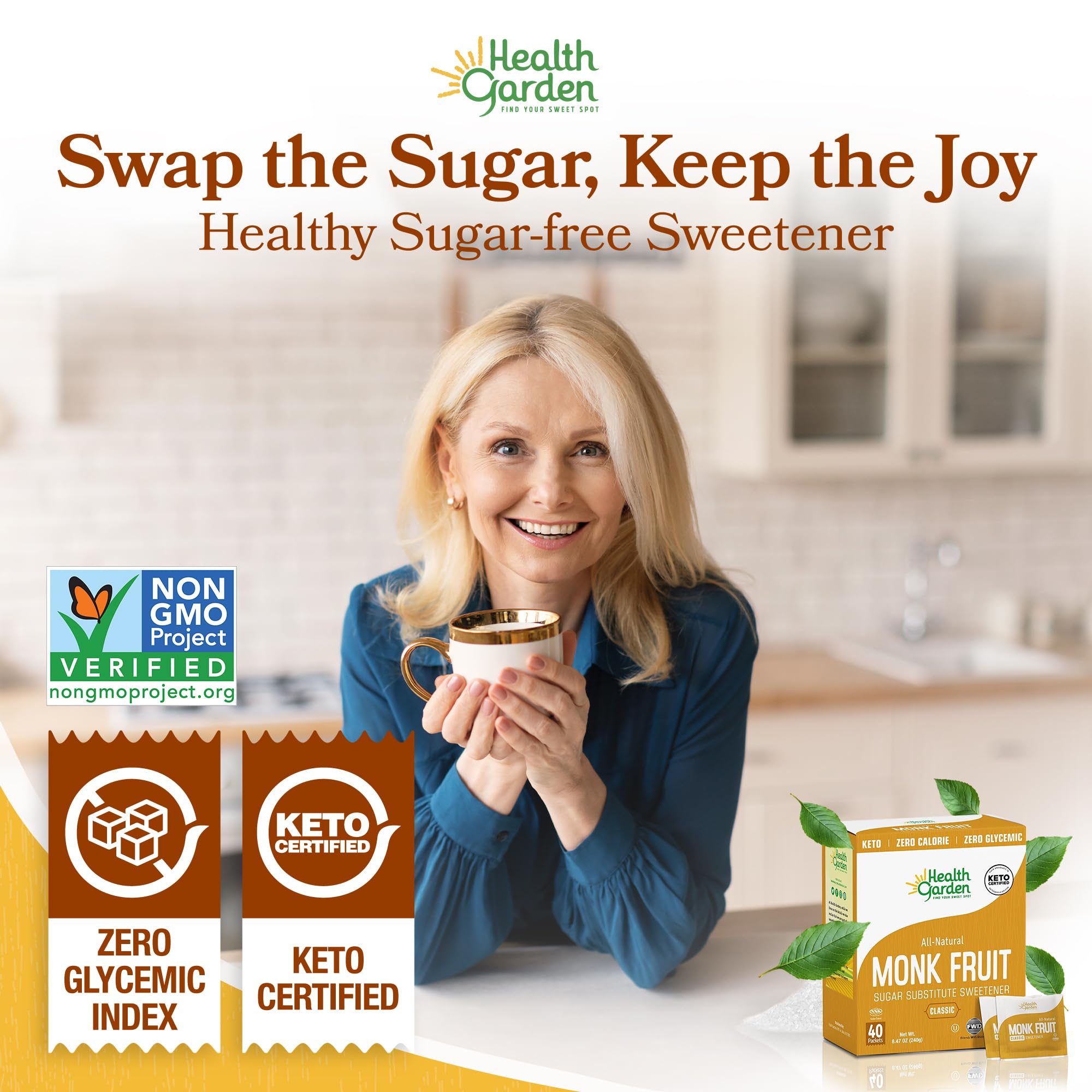 Health Garden monk fruit sweetener in a baking bowl with measuring cup