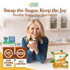 Health Garden monk fruit sweetener in a baking bowl with measuring cup