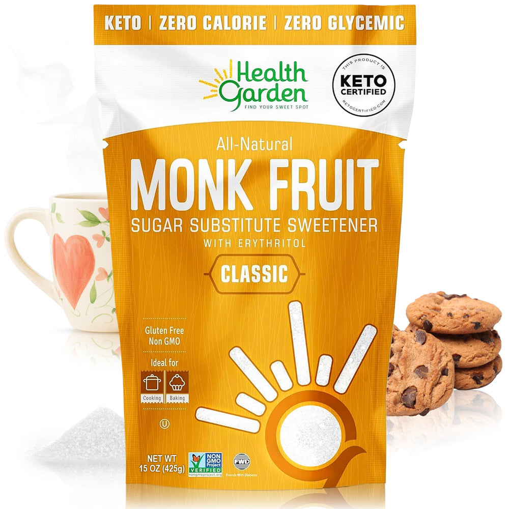 Health Garden Monk Fruit Sweetener with Erythritol in brown granules for baking.