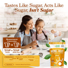 Health Garden Monk Fruit Sweetener beside coffee, zero-calorie sugar substitute.