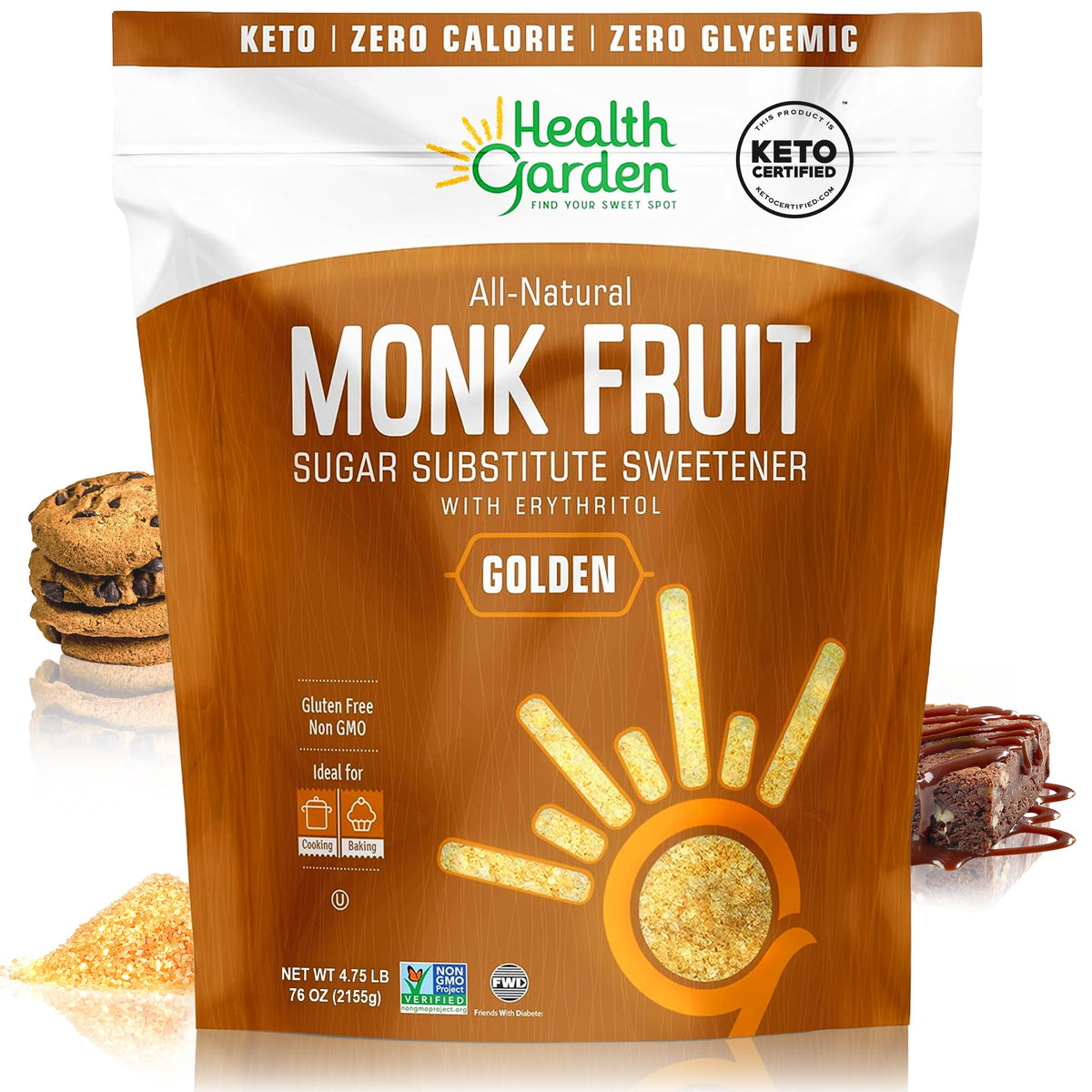 Health Garden Monk Fruit Sweetener Golden bag front, zero-calorie sugar substitute for baking.