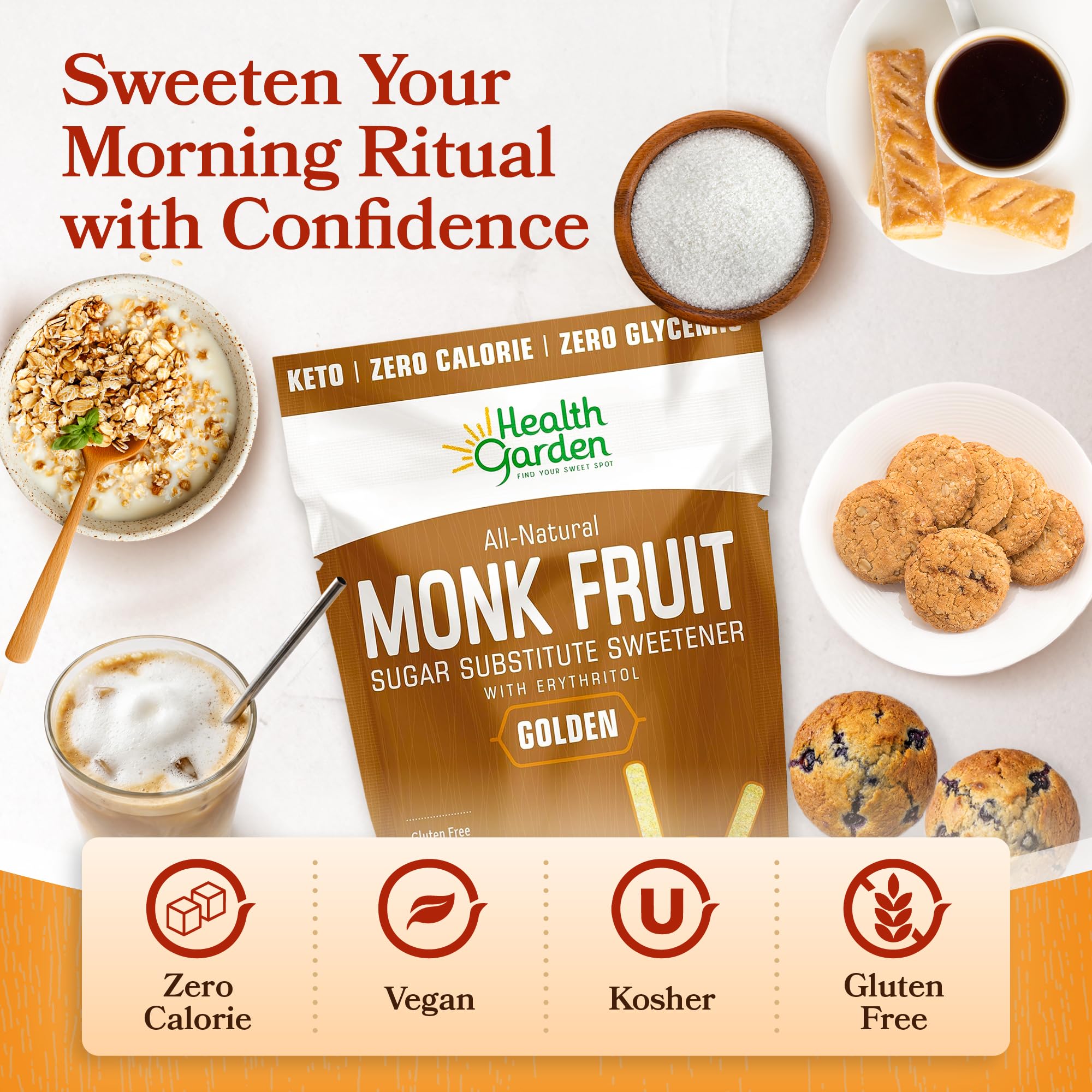 Health Garden Monk Fruit Sweetener Golden measuring spoon with powder for precise baking.