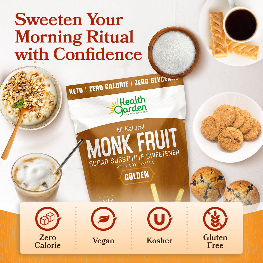 Health Garden Monk Fruit Sweetener Golden measuring spoon with powder for precise baking.