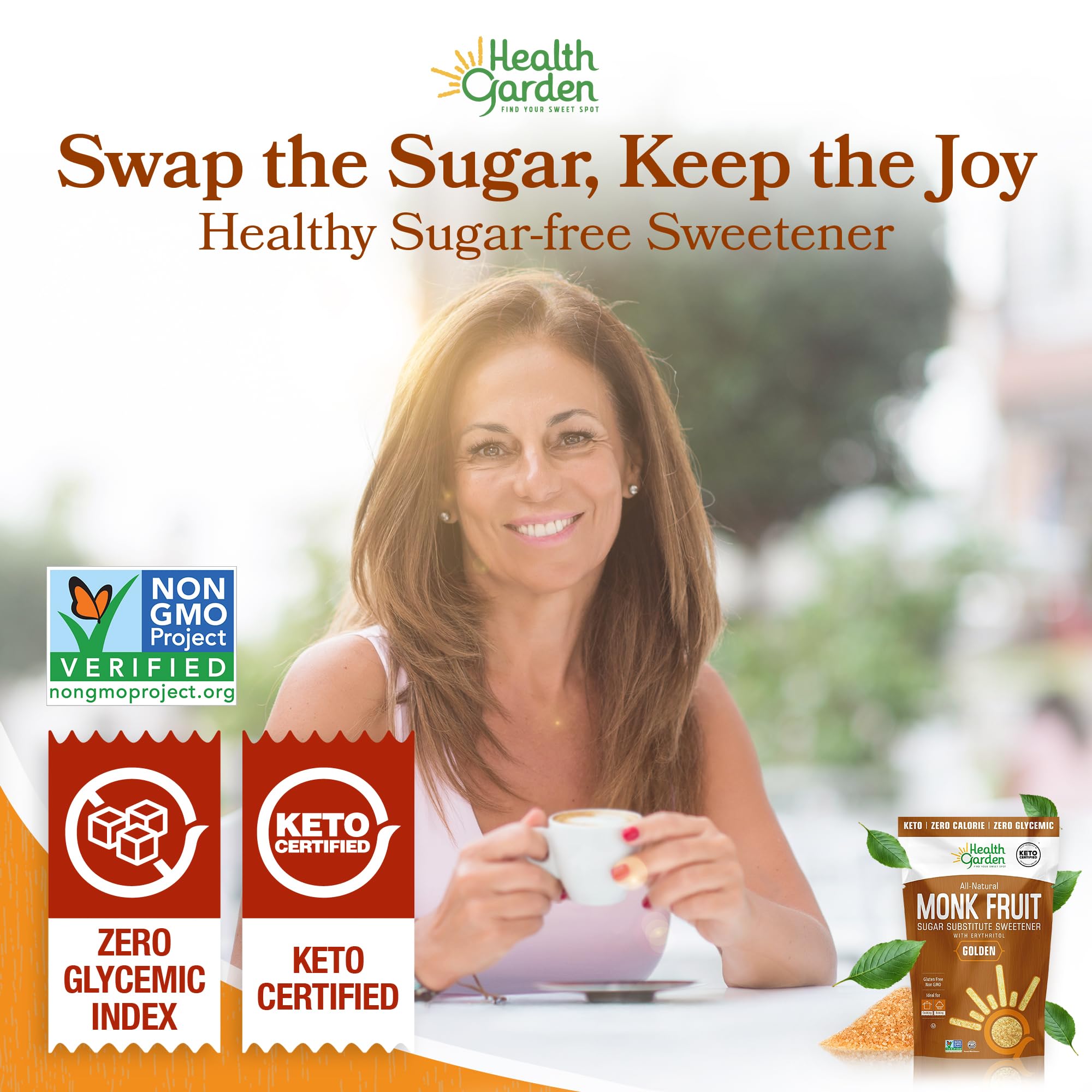 Health Garden Monk Fruit Sweetener Golden in a tea mug, light, guilt-free beverage.