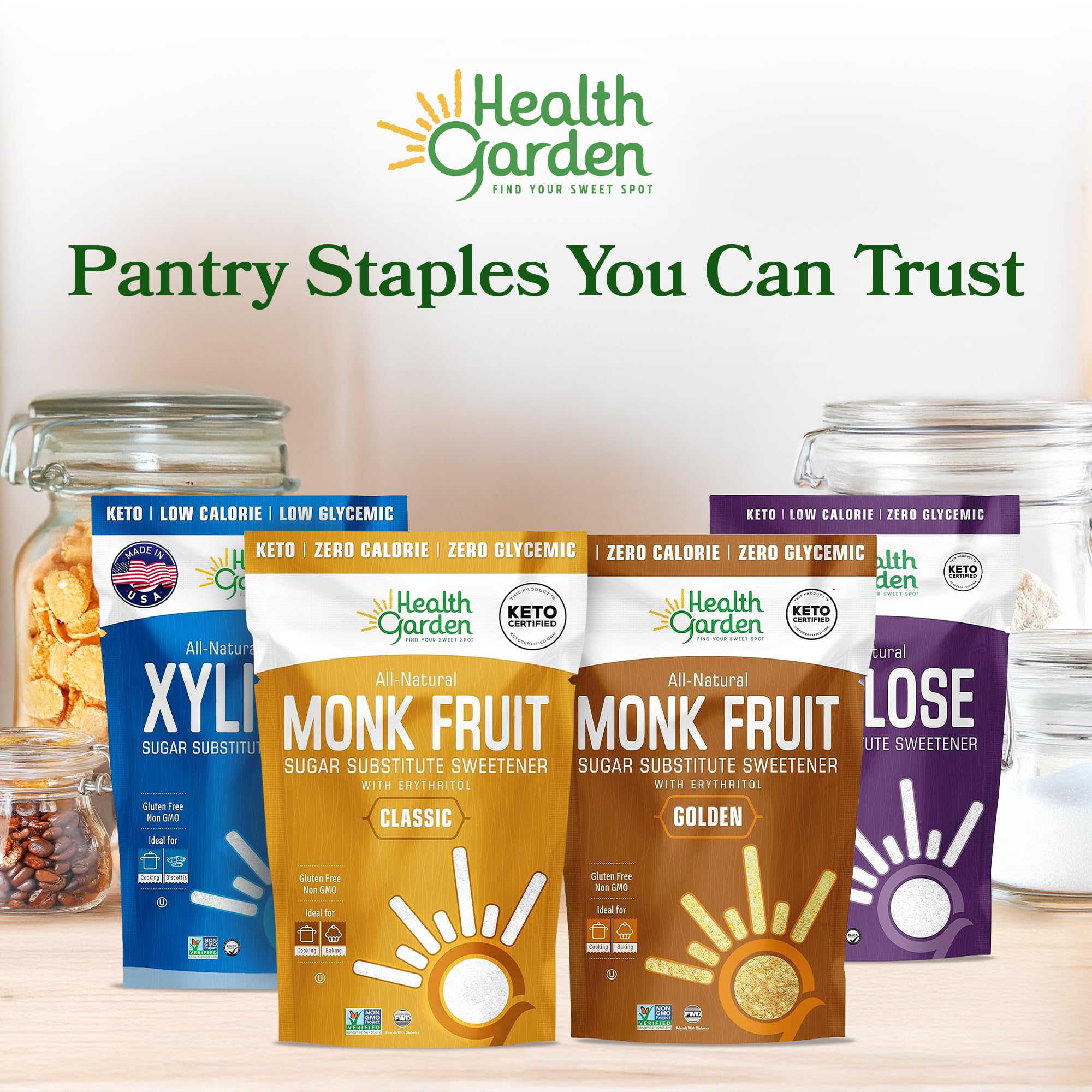 Health Garden monk fruit sweetener keto-friendly label on pack