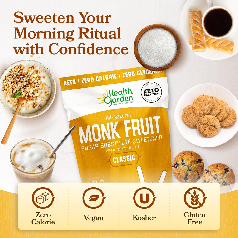 Health Garden monk fruit sweetener packaging with Non-GMO certification seal