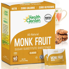 Health Garden monk fruit sweetener packets close-up for quick coffee enhancement
